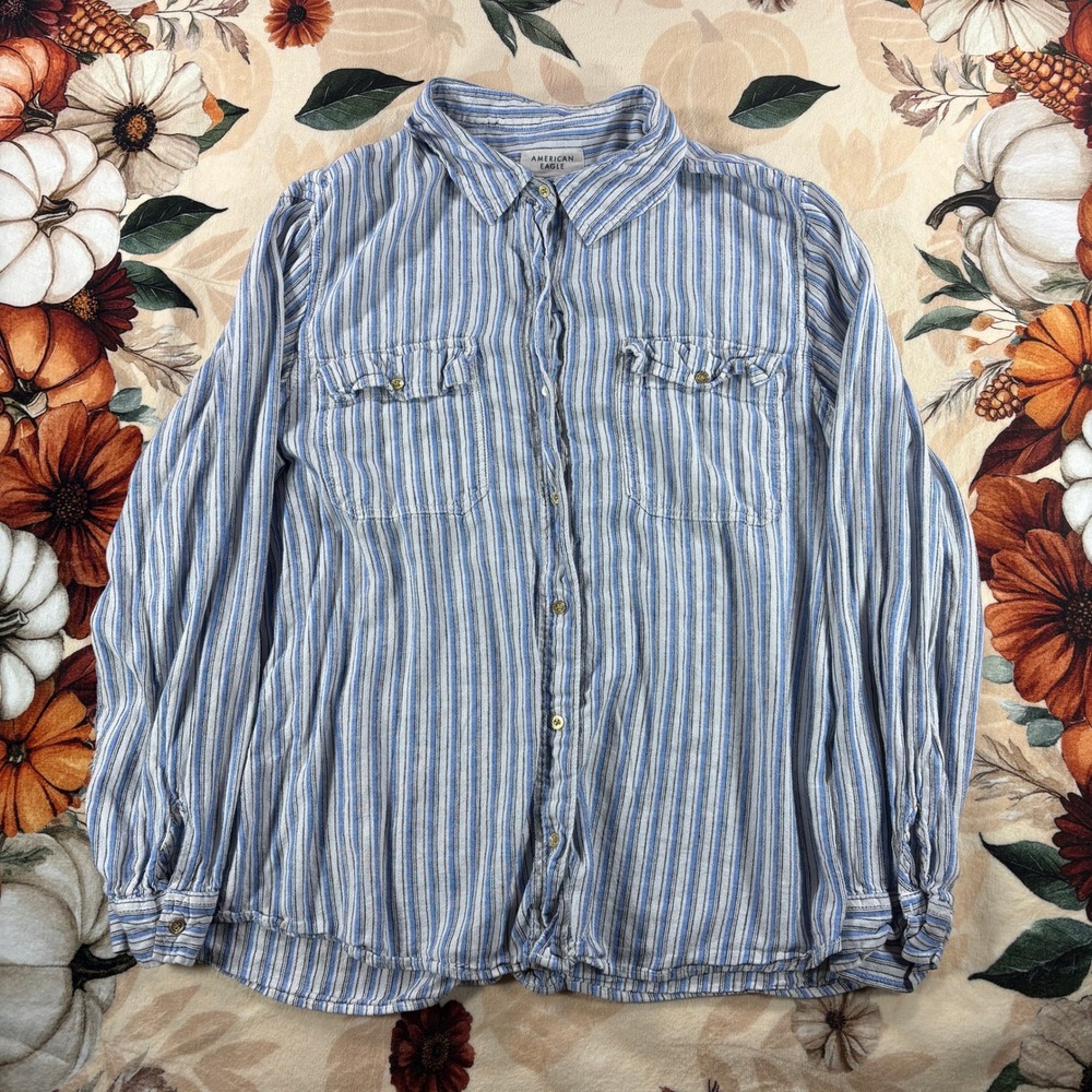 American Eagle Oversized Linen Blend Striped Button Down Shirt Blue Womens XL